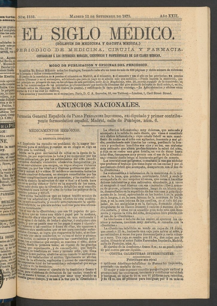 Miniatura de El Siglo Médico: boletín de medicina y gaceta médica del 12 de septiembre de 1875