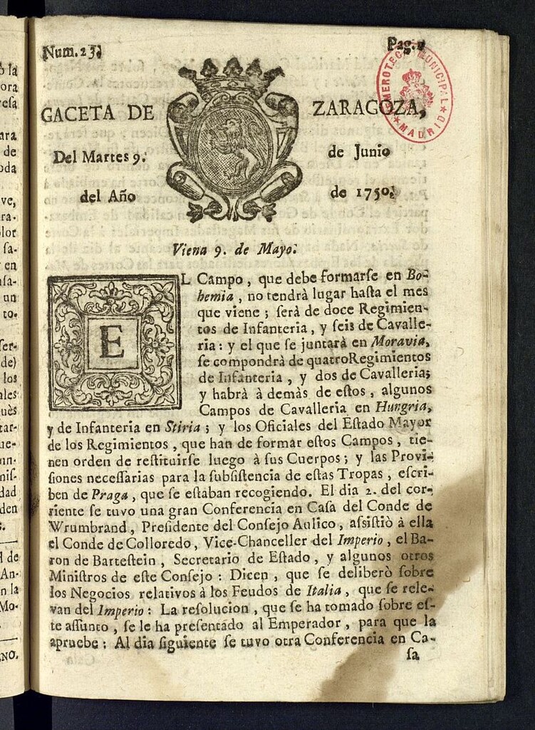 Miniatura de Gazeta de Zaragoza del 9 de junio de 1750