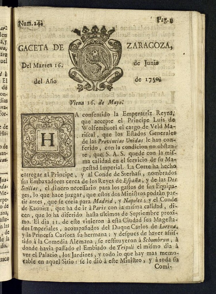 Miniatura de Gazeta de Zaragoza del 16 de junio de 1750