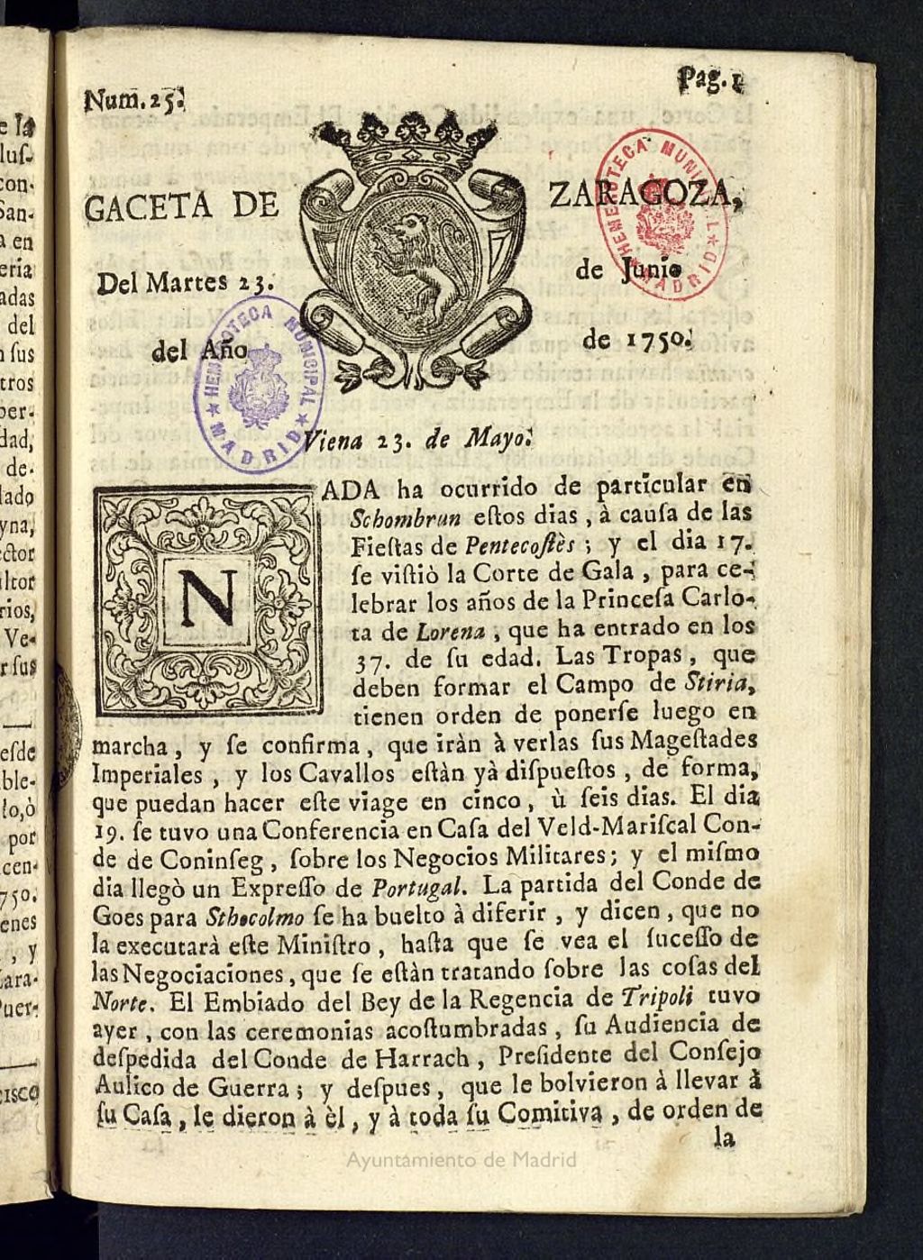 Miniatura de Gazeta de Zaragoza del 23 de junio de 1750
