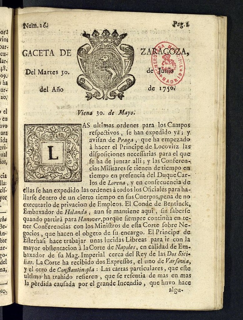 Miniatura de Gazeta de Zaragoza del 30 de junio de 1750