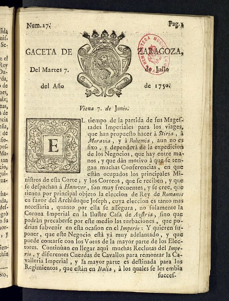 Miniatura de Gazeta de Zaragoza del 7 de julio de 1750