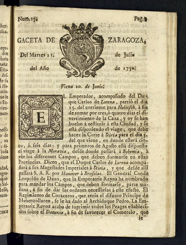 Miniatura de Gazeta de Zaragoza del 21 de julio de 1750
