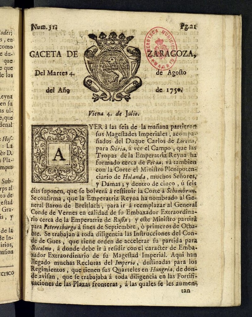 Miniatura de Gazeta de Zaragoza del 4 de agosto de 1750