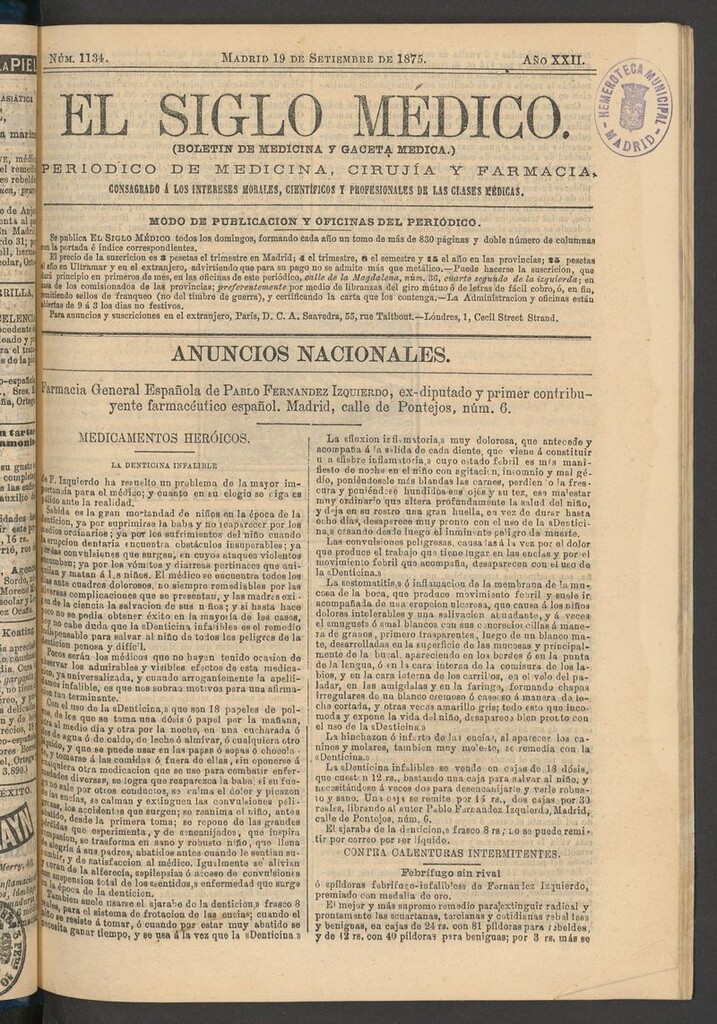 Miniatura de El Siglo Médico: boletín de medicina y gaceta médica del 19 de septiembre de 1875