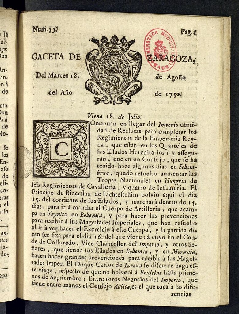 Miniatura de Gazeta de Zaragoza del 18 de agosto de 1750