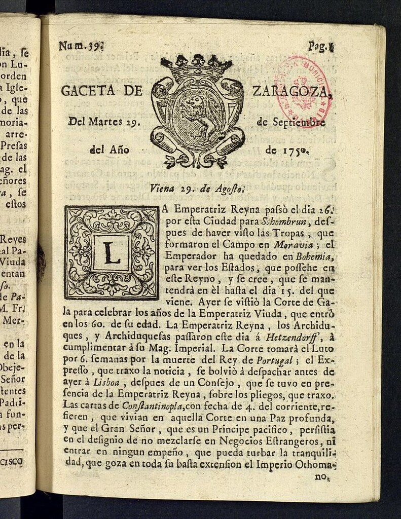 Miniatura de Gazeta de Zaragoza del 29 de septiembre de 1750