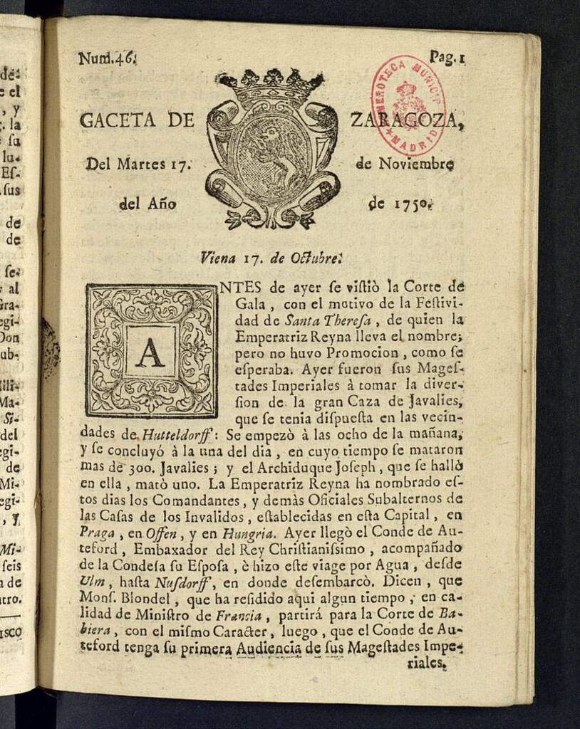 Miniatura de Gazeta de Zaragoza del 17 de noviembre de 1750