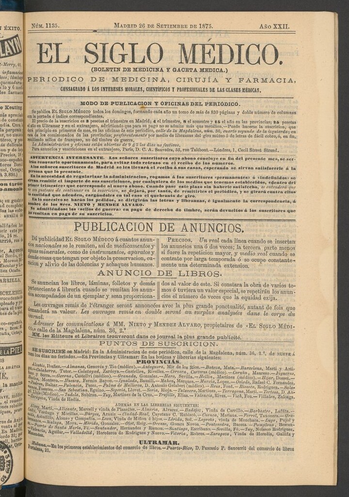 Miniatura de El Siglo Médico: boletín de medicina y gaceta médica del 26 de septiembre de 1875