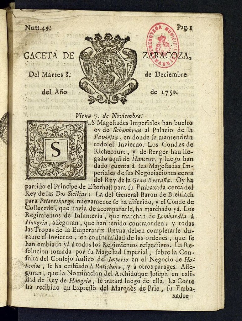 Miniatura de Gazeta de Zaragoza del 8 de diciembre de 1750