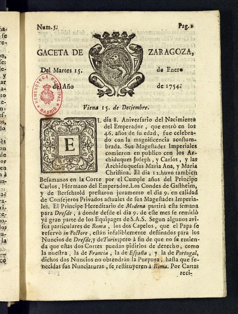 Miniatura de Gazeta de Zaragoza del 15 de enero de 1754