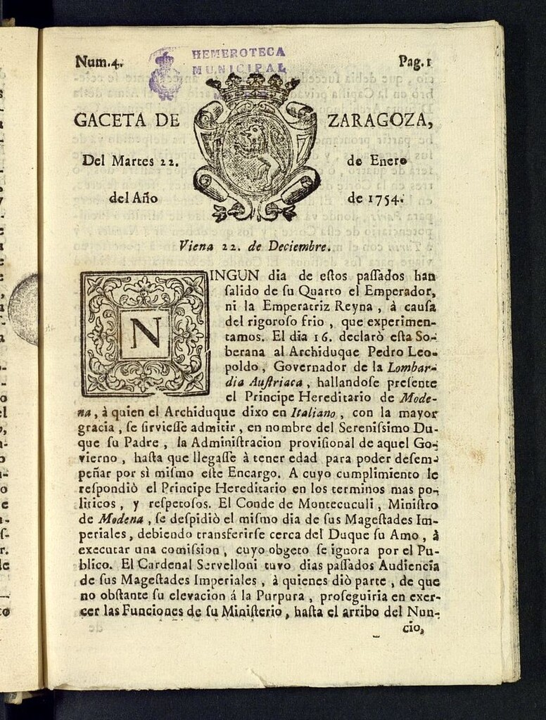 Miniatura de Gazeta de Zaragoza del 22 de enero de 1754