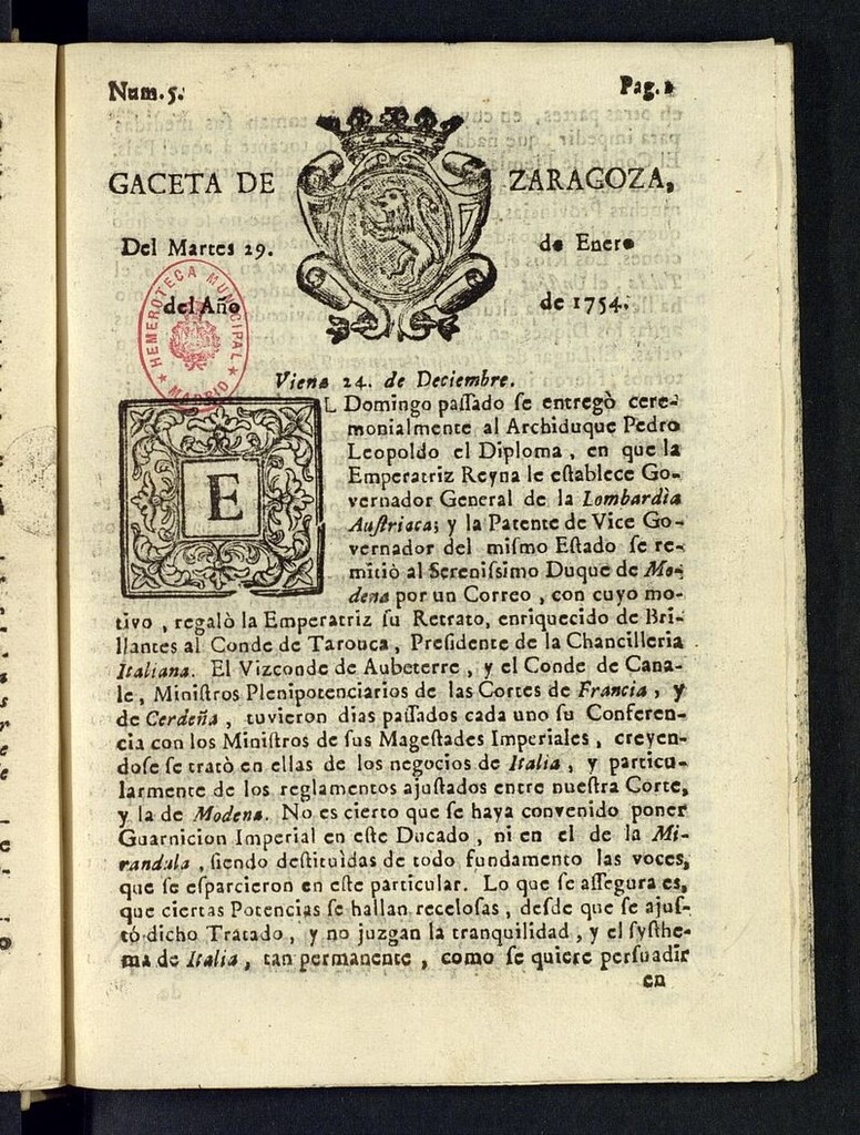 Miniatura de Gazeta de Zaragoza del 29 de enero de 1754