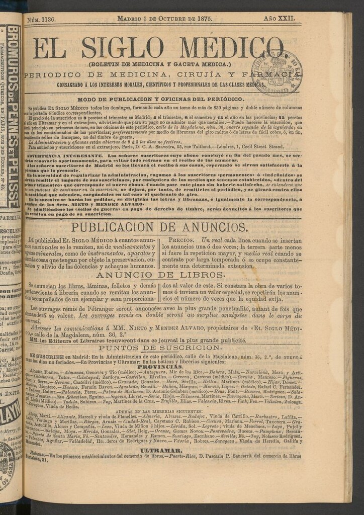 Miniatura de El Siglo Médico: boletín de medicina y gaceta médica del 3 de octubre de 1875