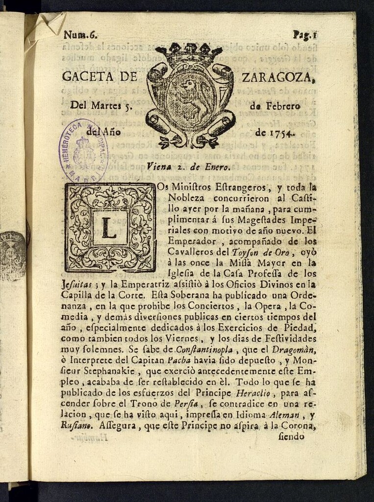 Miniatura de Gazeta de Zaragoza del 5 de febrero de 1754