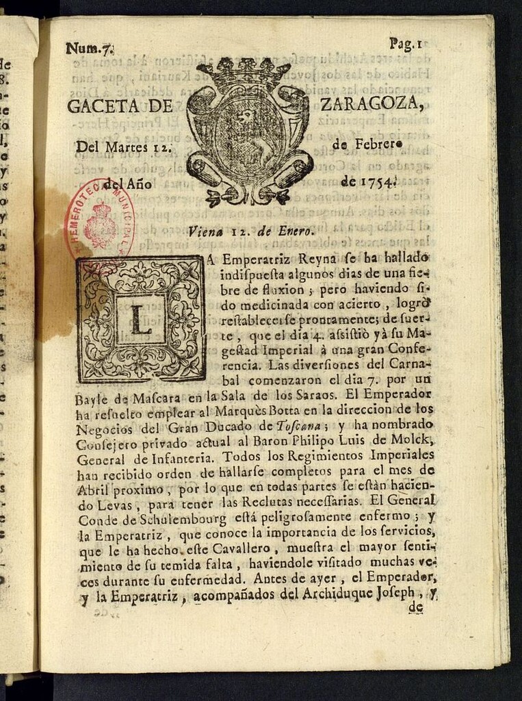 Miniatura de Gazeta de Zaragoza del 12 de febrero de 1754