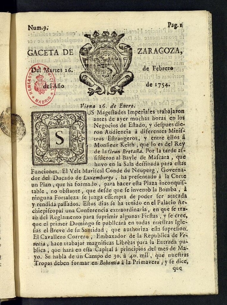 Miniatura de Gazeta de Zaragoza del 26 de febrero de 1754