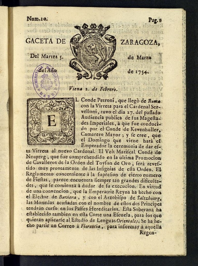 Miniatura de Gazeta de Zaragoza del 5 de marzo de 1754