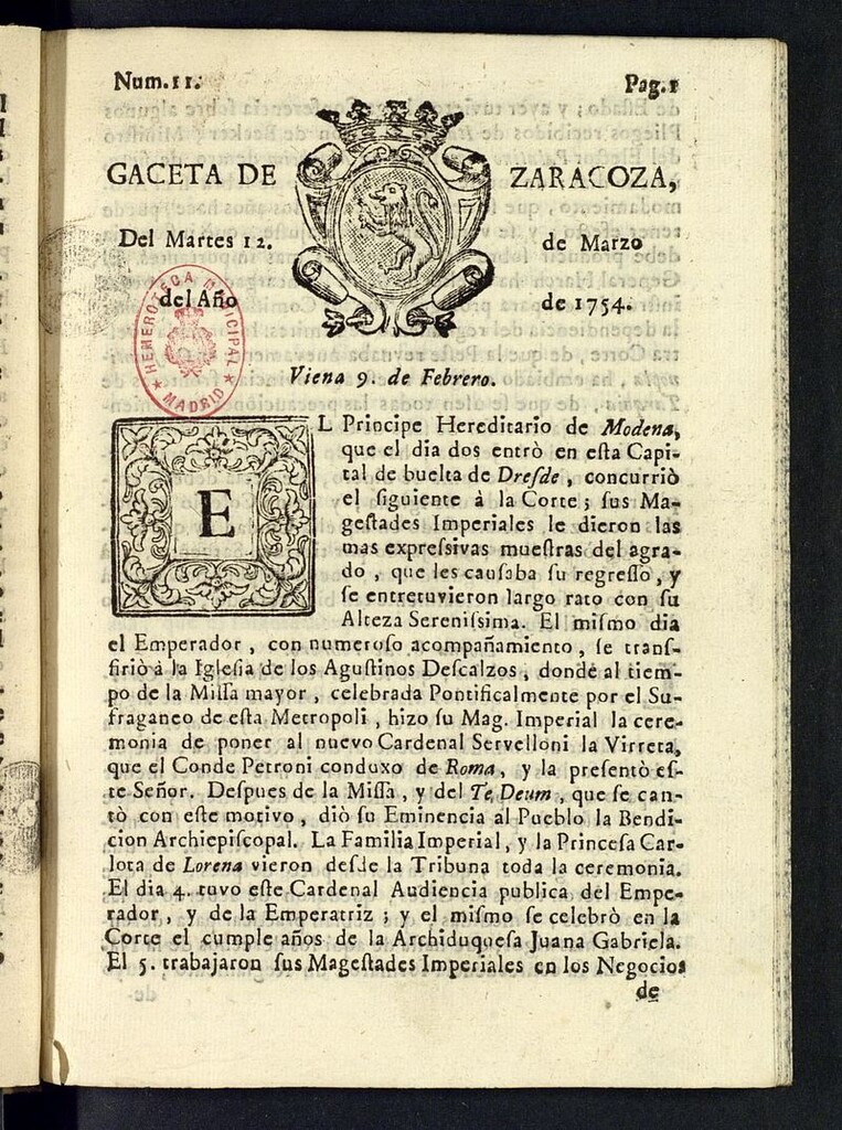 Miniatura de Gazeta de Zaragoza del 12 de marzo de 1754
