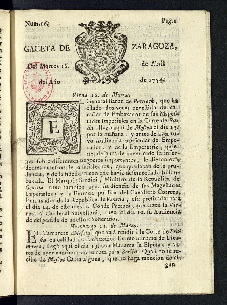 Miniatura de Gazeta de Zaragoza del 16 de abril de 1754
