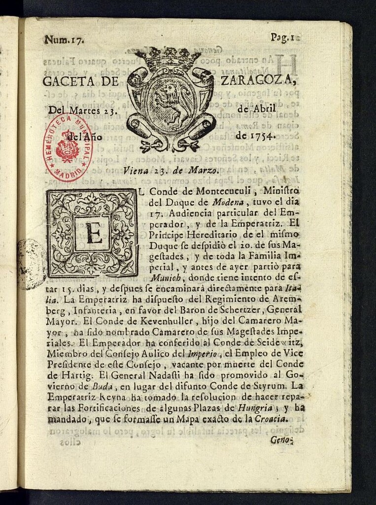Miniatura de Gazeta de Zaragoza del 23 de abril de 1754
