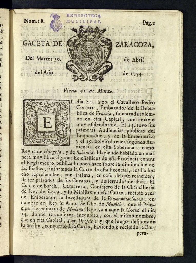 Miniatura de Gazeta de Zaragoza del 30 de abril de 1754