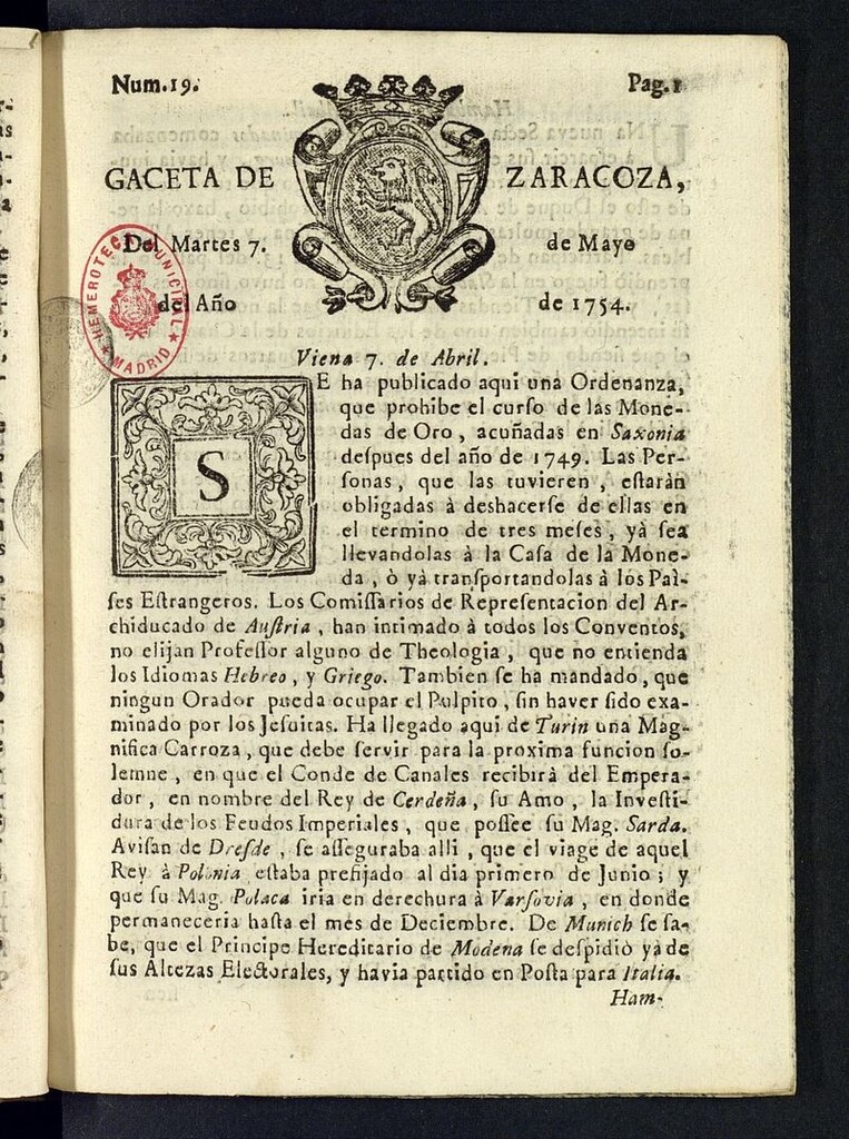 Miniatura de Gazeta de Zaragoza del 7 de mayo de 1754