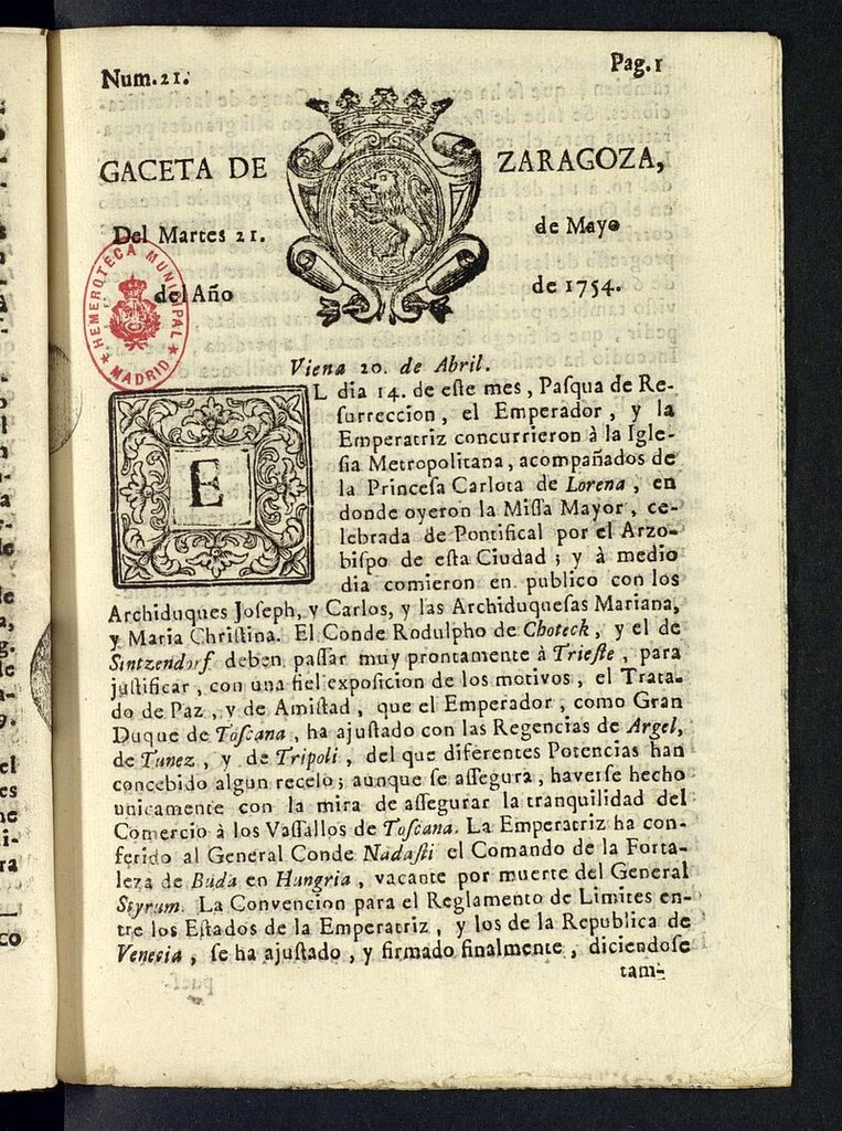 Miniatura de Gazeta de Zaragoza del 21 de mayo de 1754