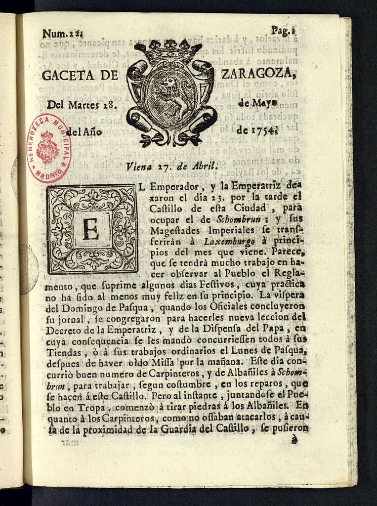 Miniatura de Gazeta de Zaragoza del 28 de mayo de 1754