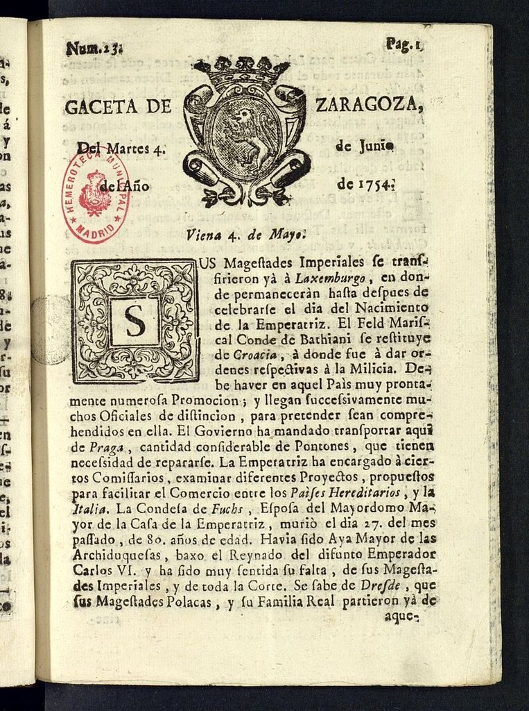 Miniatura de Gazeta de Zaragoza del 4 de junio de 1754