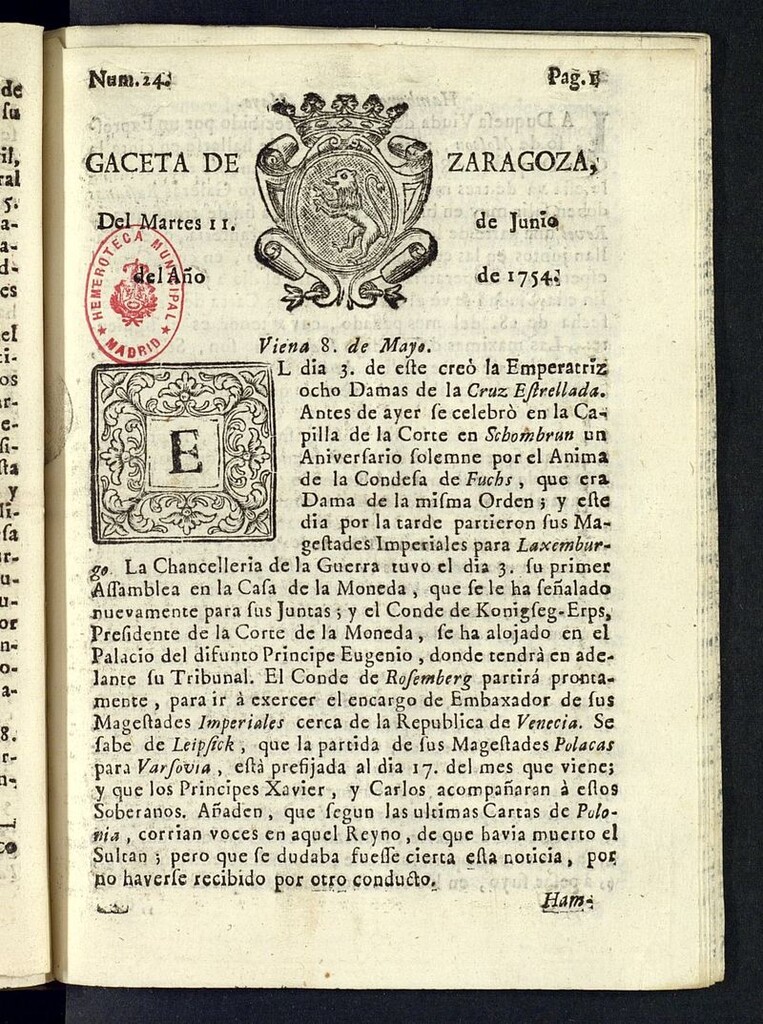Miniatura de Gazeta de Zaragoza del 11 de junio de 1754