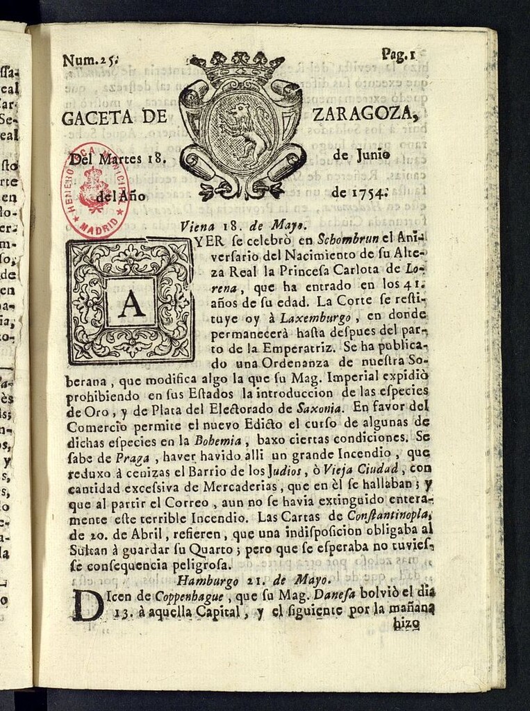 Miniatura de Gazeta de Zaragoza del 18 de junio de 1754