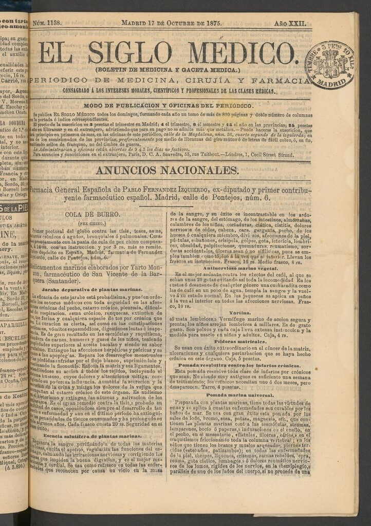 Miniatura de El Siglo Médico: boletín de medicina y gaceta médica del 17 de octubre de 1875