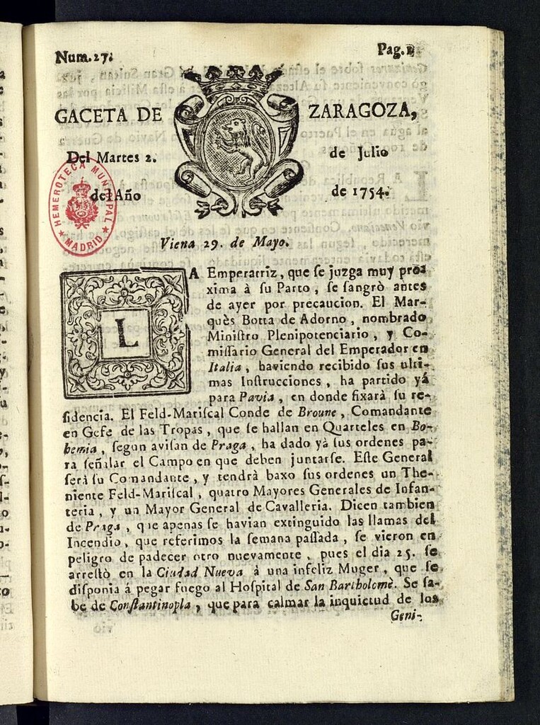 Miniatura de Gazeta de Zaragoza del 2 de julio de 1754