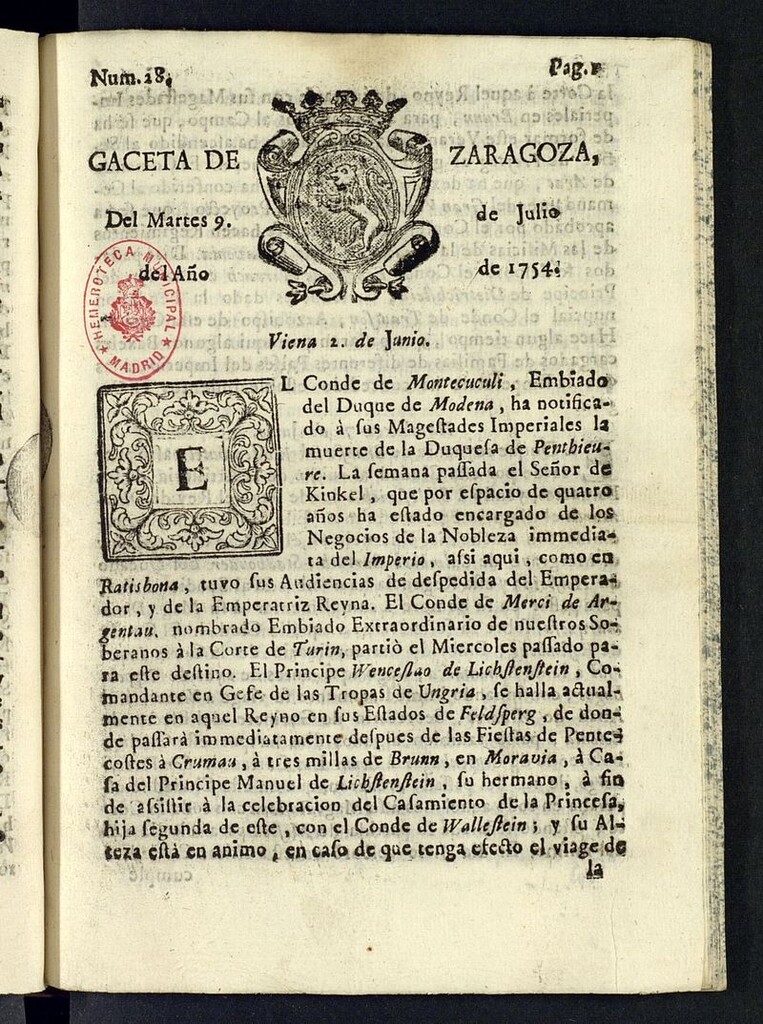 Miniatura de Gazeta de Zaragoza del 9 de julio de 1754