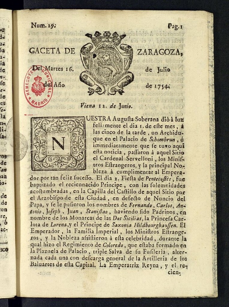 Miniatura de Gazeta de Zaragoza del 16 de julio de 1754