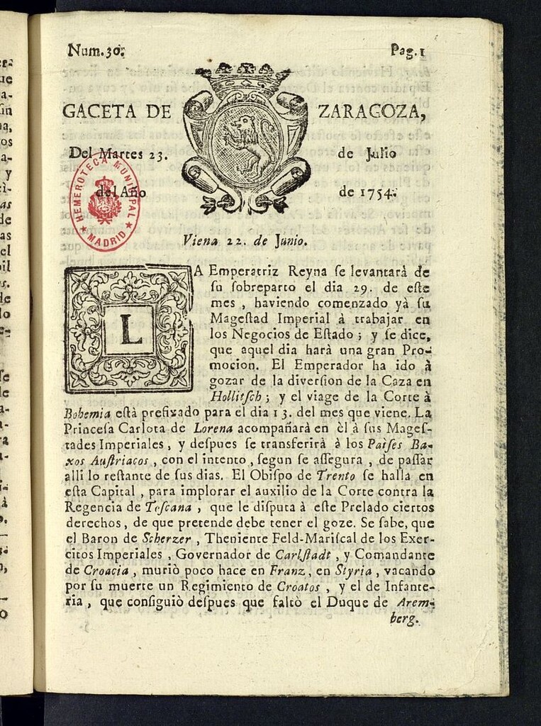 Miniatura de Gazeta de Zaragoza del 23 de julio de 1754