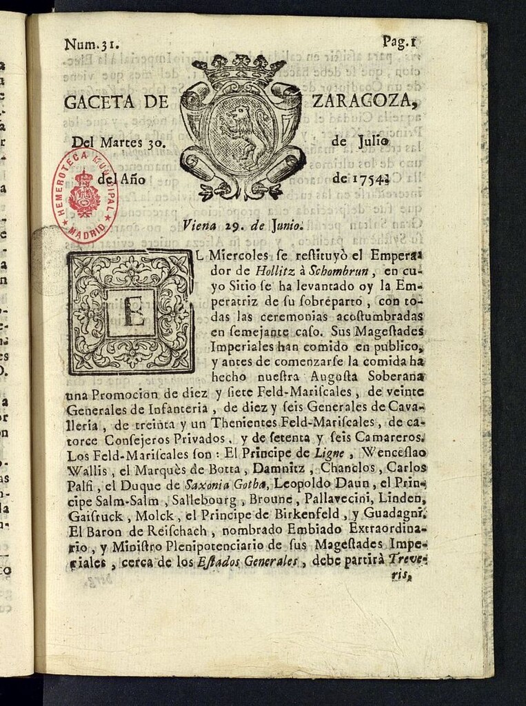 Miniatura de Gazeta de Zaragoza del 30 de julio de 1754