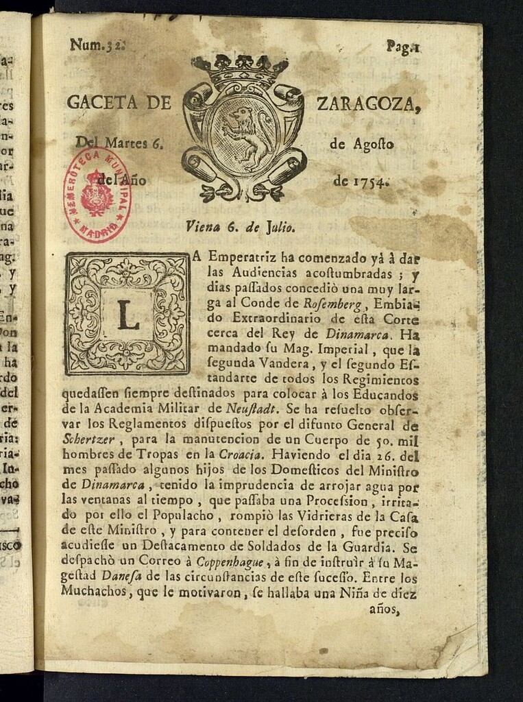 Miniatura de Gazeta de Zaragoza del 6 de agosto de 1754