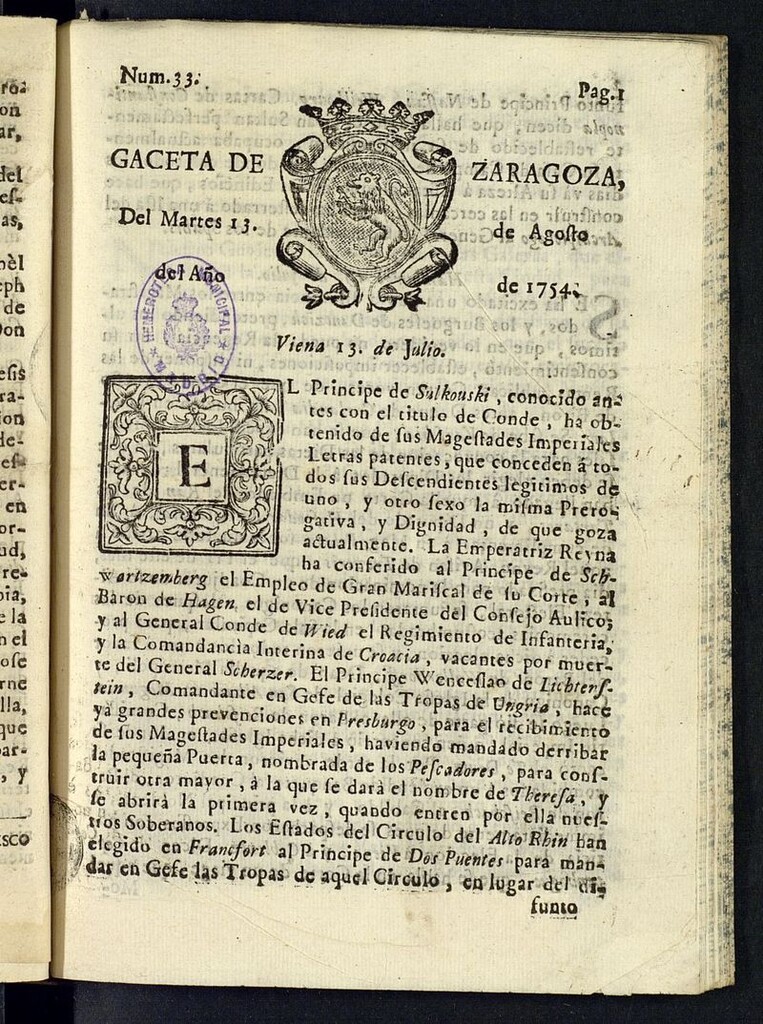 Miniatura de Gazeta de Zaragoza del 13 de agosto de 1754