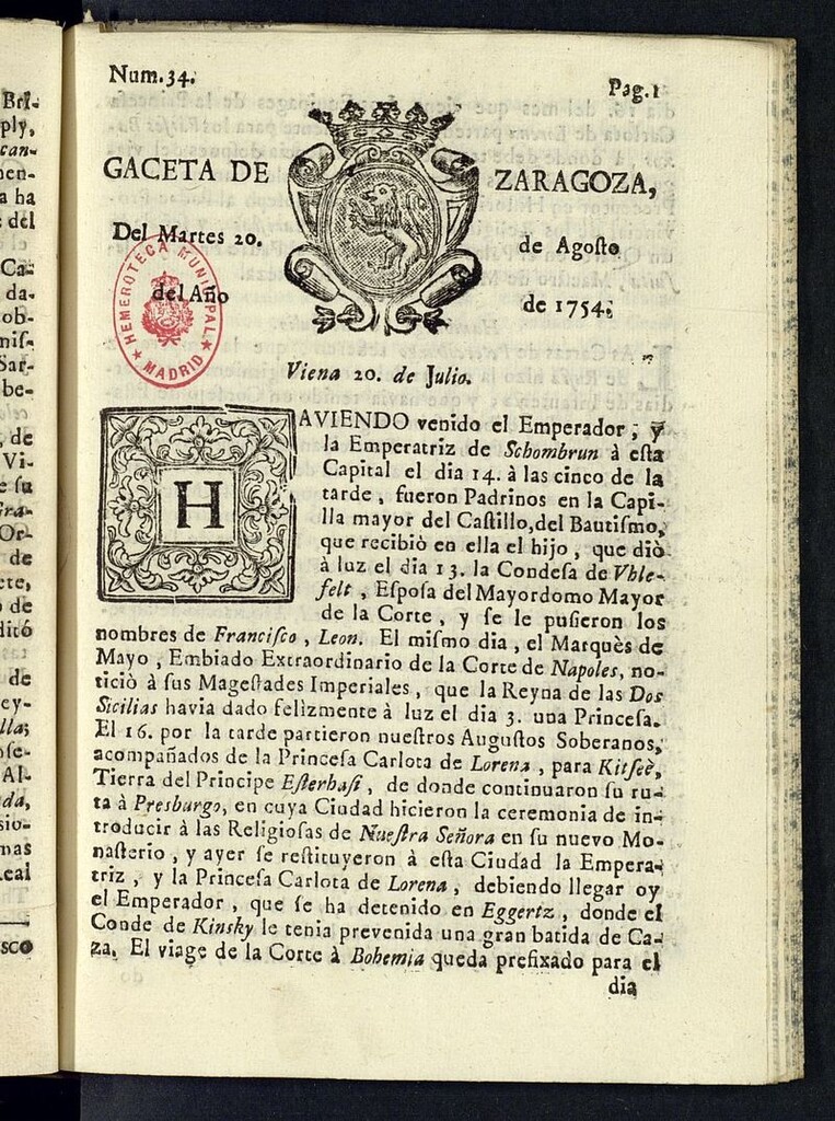 Miniatura de Gazeta de Zaragoza del 20 de agosto de 1754