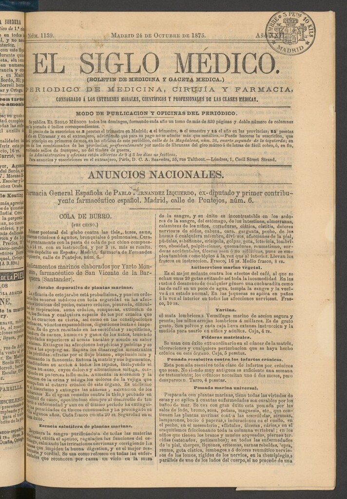 Miniatura de El Siglo Médico: boletín de medicina y gaceta médica del 24 de octubre de 1875