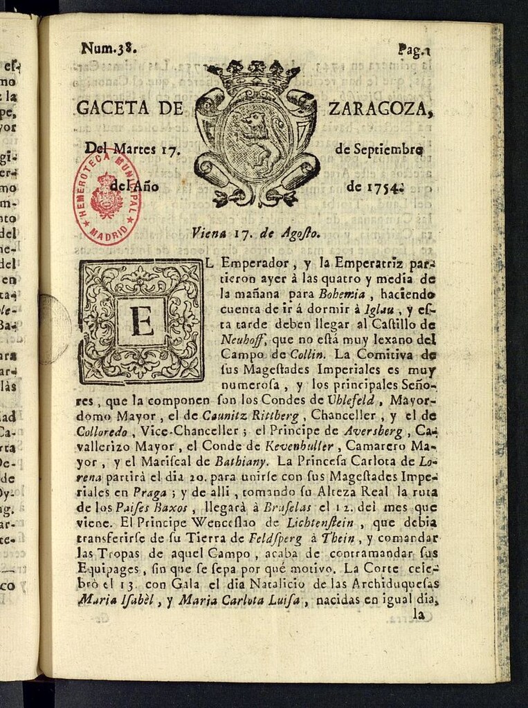 Miniatura de Gazeta de Zaragoza del 17 de septiembre de 1754