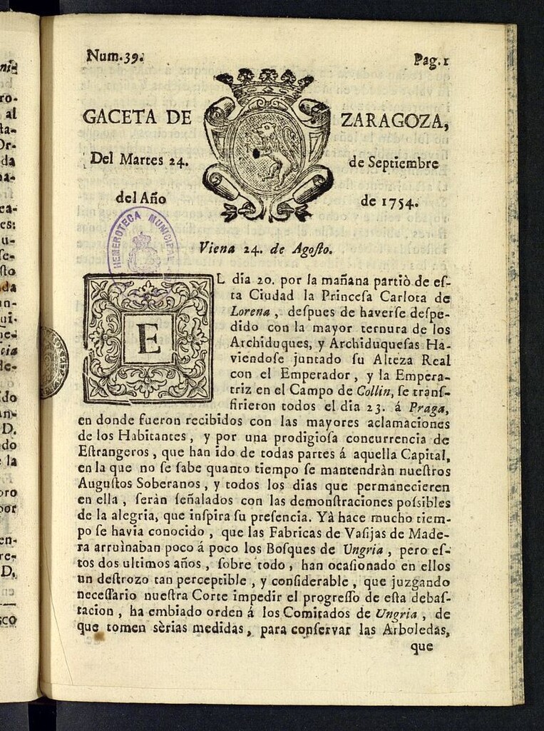 Miniatura de Gazeta de Zaragoza del 24 de septiembre de 1754