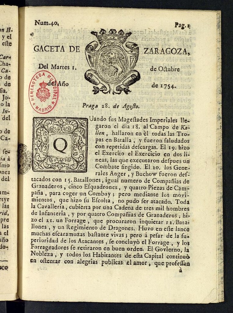 Miniatura de Gazeta de Zaragoza del 1 de octubre de 1754
