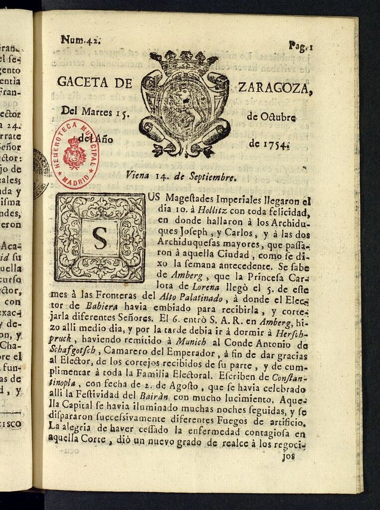 Miniatura de Gazeta de Zaragoza del 15 de octubre de 1754