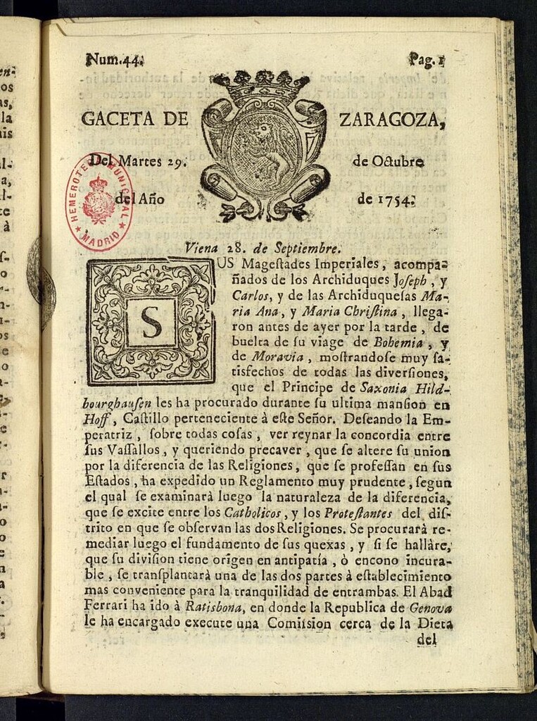 Miniatura de Gazeta de Zaragoza del 29 de octubre de 1754