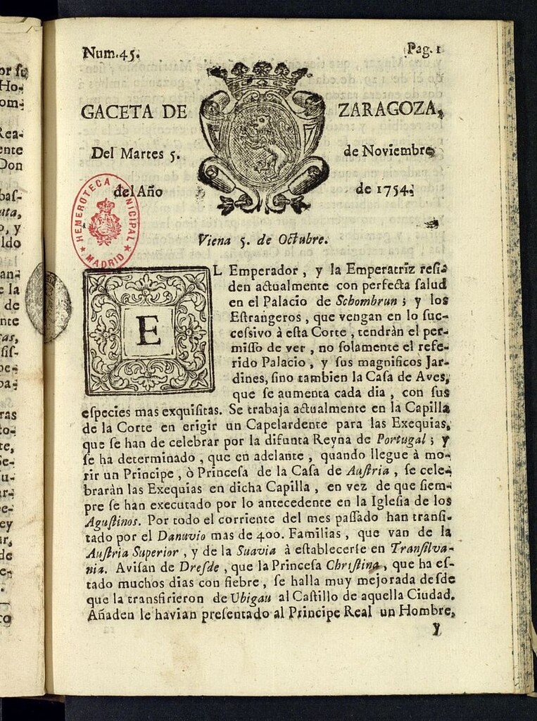 Miniatura de Gazeta de Zaragoza del 5 de noviembre de 1754