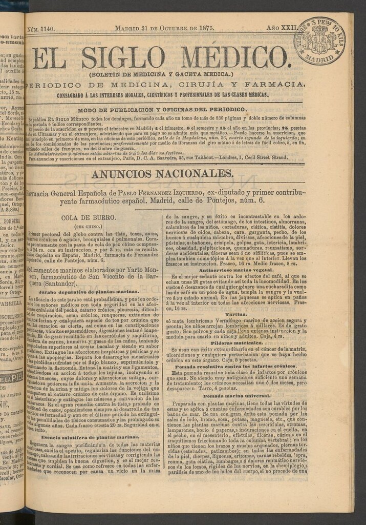 Miniatura de El Siglo Médico: boletín de medicina y gaceta médica del 31 de octubre de 1875