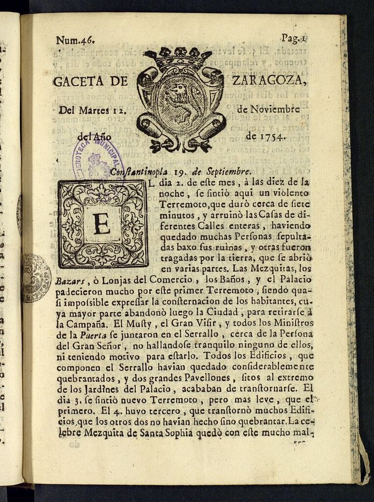 Miniatura de Gazeta de Zaragoza del 12 de noviembre de 1754